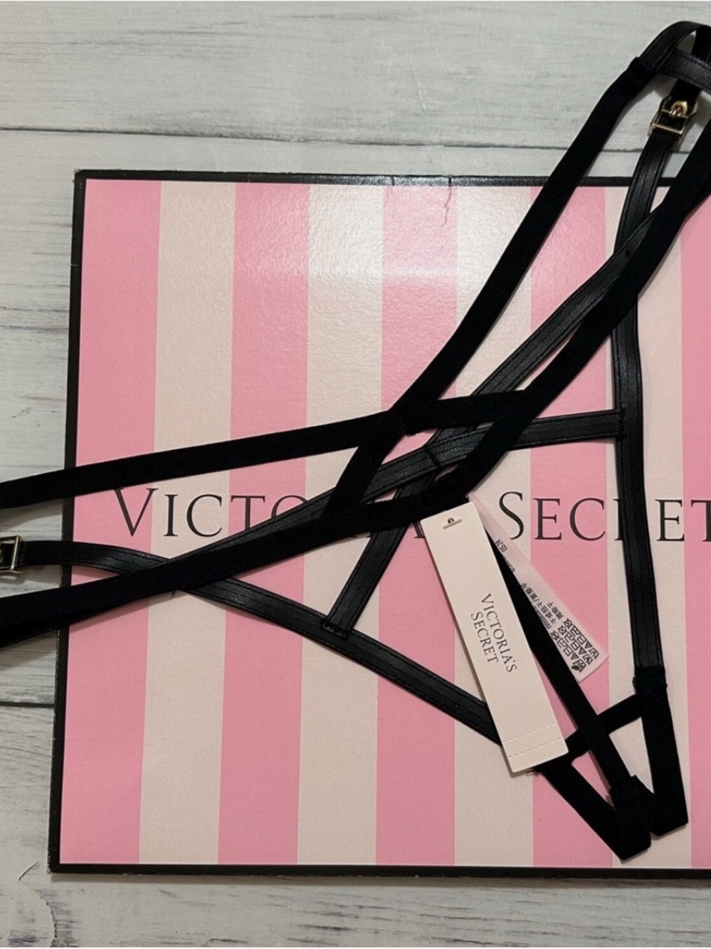 Victorias Secret Crotchless Faux Leather Strappy High-Leg Crotchless Thong Black